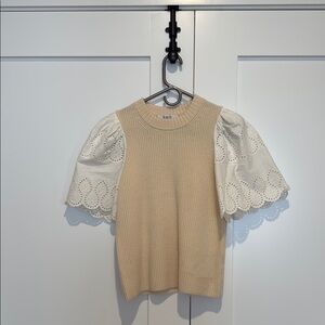 Sea Beige Knit Top with White Eyelet Sleeves